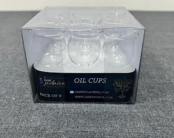 Set of 9 glass oil cups for hanukah menorah or Shabath candle holders | 9 wick holders, wicks and dreidel are complimentary