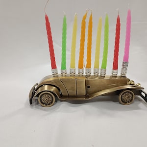 Racing Car Menorah: 9-Branch Brass Hanukkah Toy Menorah