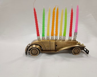 Racing car menorah | Jewish hanukkah menorah | toy menorah | 9 branch Jewish menorah