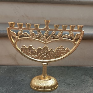 Jerusalem Chanukah Menorah: Gold Jewish 9-Branch Candelabra