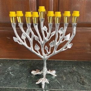 Traditional Leaf design Jewish Menorah, Antique Menorah for Chanukkah Brass Candelabra silver plated,