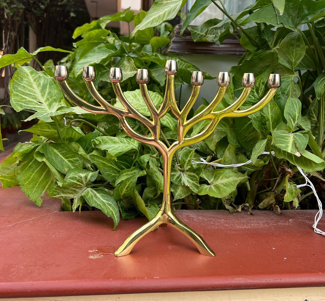 Brass Hanukia Menorah Candle Holder, 9 Branches Candle Stand, Chanukah