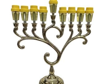 Hanukah Menorah candlestick, Golden color 9 branches Jerusalem Chanukia menorah | Oil cups are complimentary