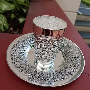 Shabbat, Wine Goblet, Judaica, Silver plated Wine Cup with matching plate, Jerusalem Cup tray