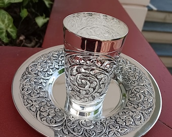Shabbat, Wine Goblet, Judaica, Silver plated Wine Cup with matching plate, Jerusalem Cup tray