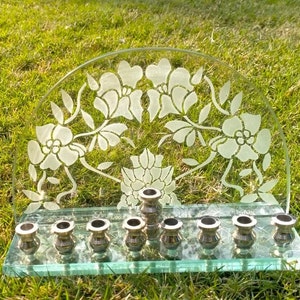 Glass Menoah Candle Holder, Jewish Hanukkah Menorah