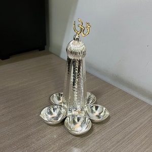5 wick silver plated Diya for pooja Diwali home decoration oil lamp, ghee diya