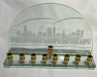 9 candles Glass Chanukah Menoah Candle Holder, Jewish Hanukkah Menorah