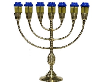 Brass Chanukah 7 candles, Hanukah candle stand Jerusalem Temple Menorah candle stand | oil wicks are complimentary