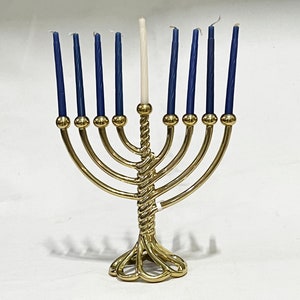 Judaica Chanukkiah candle stand, Jerusalem Hanukah Candelabra, brass chanukah