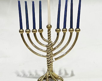 Judaica Chanukkiah candle stand, Jerusalem Hanukah Candelabra, brass chanukah