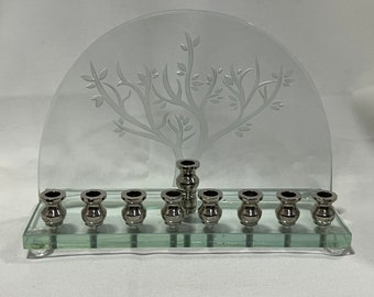 9 candles Jerusalem | Judaica Glass Menorahs | Glass Menorah Tree Design,