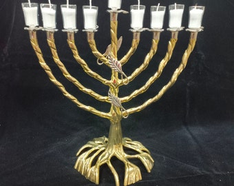 Jerusalem 9 arms menorah Chanukah candle holder, Leaf design Hanukah temple candle stand,  height 24 cm oil cups are complimentary