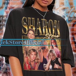 May include: Black oversized t-shirt with a graphic print of Sharon Stone and the text "SHARON Stone".