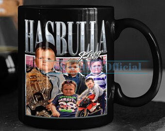 May include: A black 11 oz mug with a collage of photos of children. The mug features the text "Hasbulla King" in silver lettering.