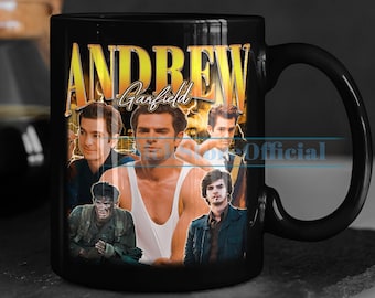 May include: Black ceramic mug with a collage of images of Andrew Garfield. The mug has the text "Andrew Garfield" in yellow letters on the front.