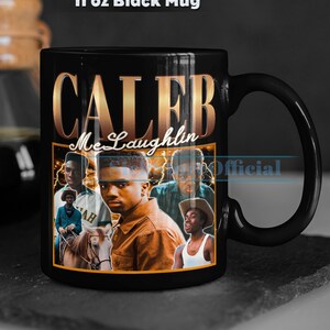 May include: Black ceramic mug with a gold design featuring the name "Caleb McLaughlin" and a collage of images of the actor. The mug is 11 ounces.
