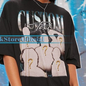 May include: Black oversized t-shirt with a graphic print of a group of people with question marks on their heads. The text "CUSTOM Text" is printed on the shirt. SickStoreOfficial is printed on the bottom of the shirt.