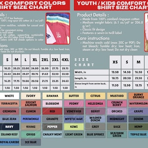 a detailed chart and product descriptions for various youth and kids comfort shirt sizes, including color options, sleeve length, and fabric types.