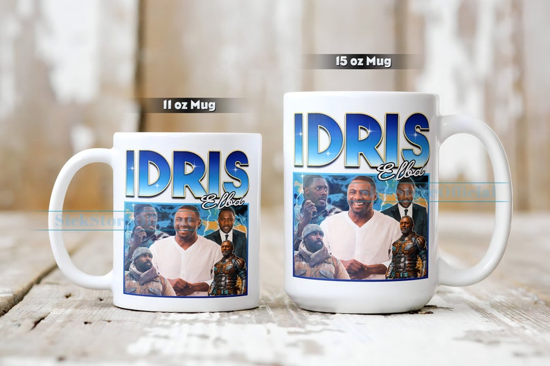 Puede incluir: Dos tazas de cer&aacute;mica blanca con una imagen colorida de Idris Elba. La taza m&aacute;s grande es de 15 onzas y la taza m&aacute;s peque&ntilde;a es de 11 onzas. Ambas tazas muestran el texto "Idris Elba" en letras azules y amarillas.