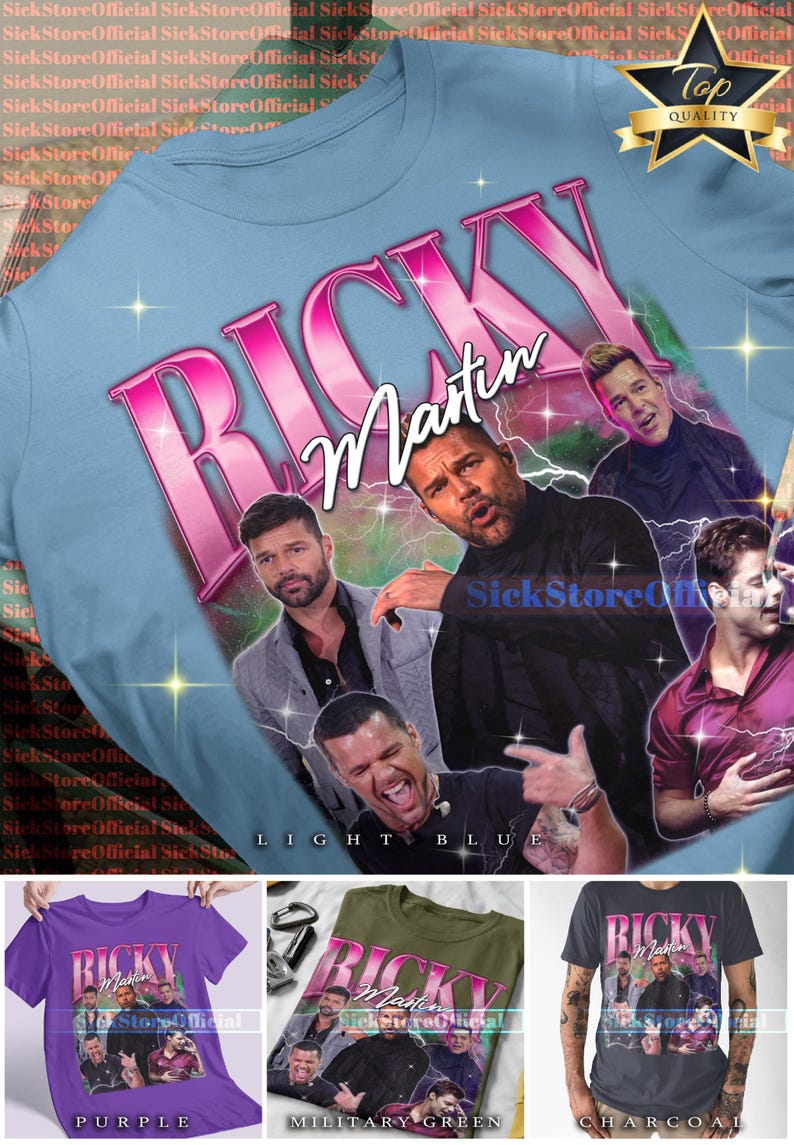 May include: Light blue t-shirt featuring a graphic of Ricky Martin with the name "Ricky Martin" in pink. The shirt has a vintage design with multiple images of the singer. Additional color options are shown below the main image.