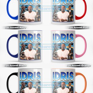 Puede incluir: Seis tazas de cer&aacute;mica de 11 oz con fondo blanco y bordes de diferentes colores. Cada taza presenta una imagen colorida de Idris Elba con el texto "IDRIS Elba" impreso en la taza.