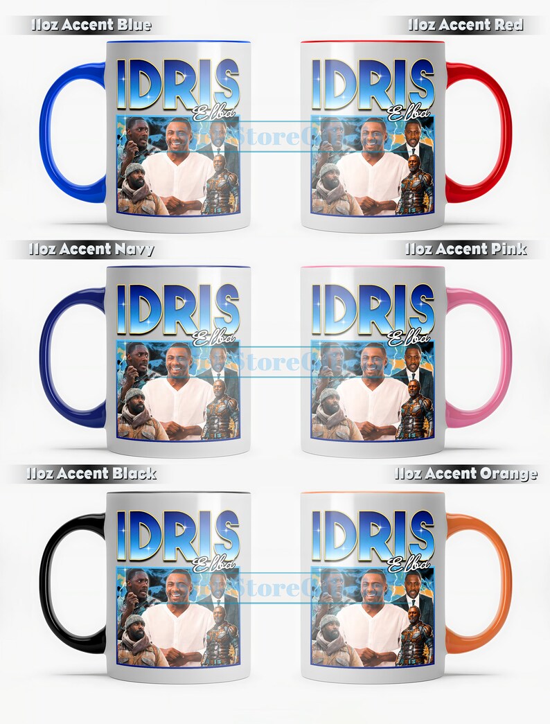 Puede incluir: Seis tazas de cer&aacute;mica de 11 oz con fondo blanco y bordes de diferentes colores. Cada taza presenta una imagen colorida de Idris Elba con el texto "IDRIS Elba" impreso en la taza.