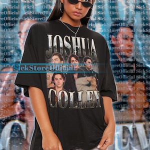 May include: Black unisex t-shirt featuring the text "JOSHUA COLLEN" above a collage of images. The shirt is worn by a person wearing sunglasses and white shorts. The shirt is a 2XL size.