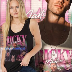 May include: Black tank top featuring a graphic of Ricky Martin with the text "Ricky Martin" in pink and white. The tank top is worn by a person in blue jeans. The background includes the text "SickStoreOfficial".