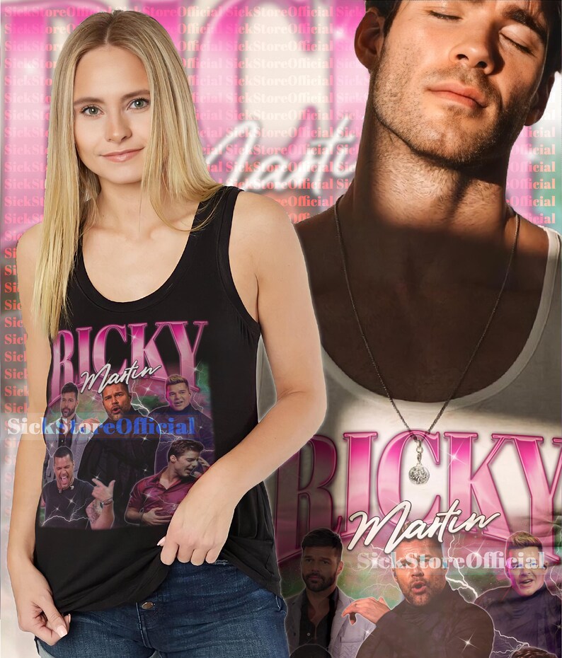 May include: Black tank top featuring a graphic of Ricky Martin with the text "Ricky Martin" in pink and white. The tank top is worn by a person in blue jeans. The background includes the text "SickStoreOfficial".