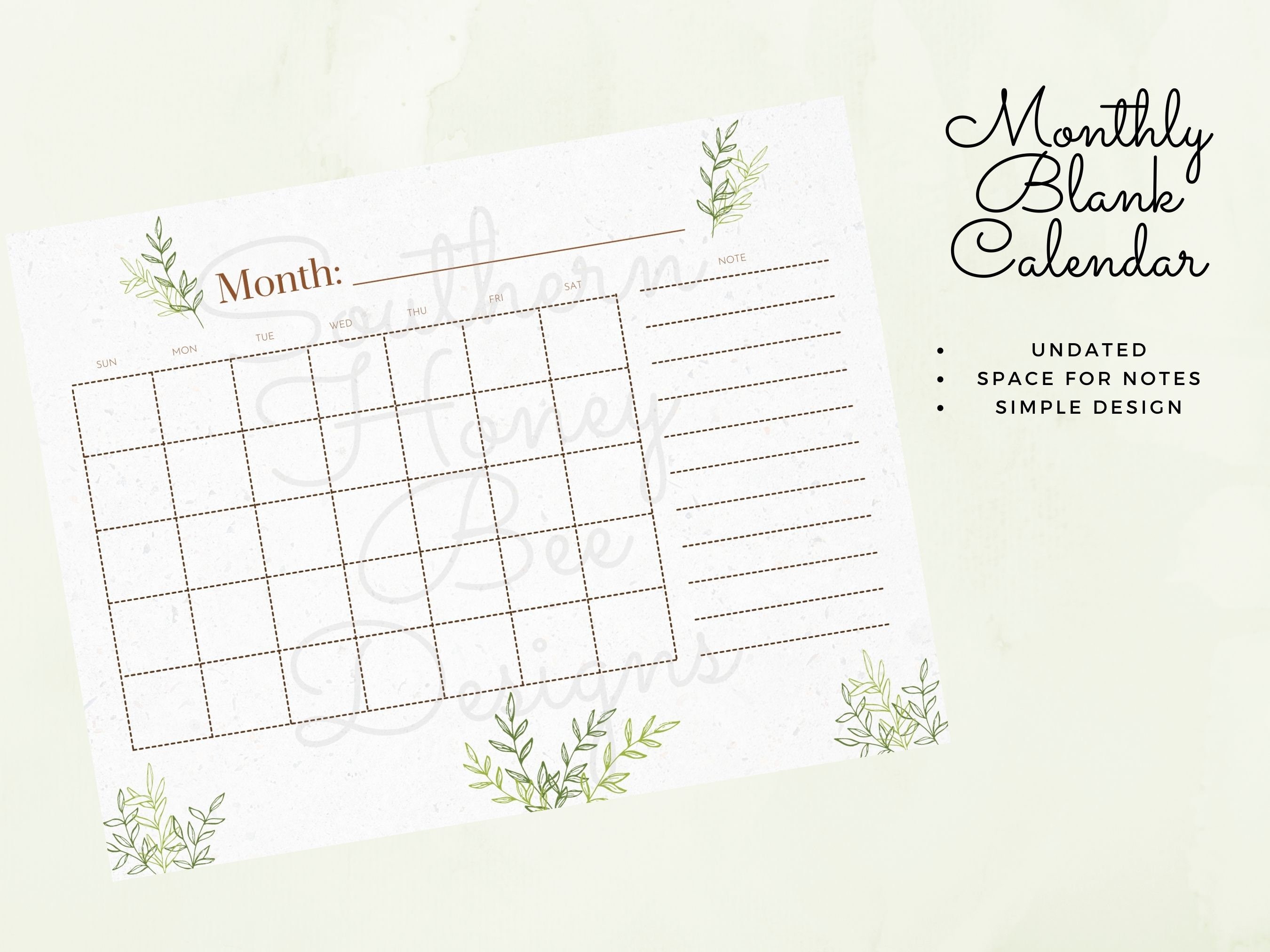 Monthly Blank Calendar Simple Aesthetic Calendar Undated Etsy