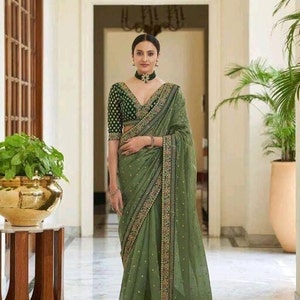 New Arrival Green Designer Vichitra Silk Sari And Satin Silk Blouse,Bollywood Sari,Designer Saree,Festival Wear Sari,Wedding Wear Sari