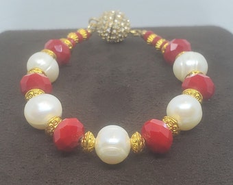 Pearl and Red Crystal Bracelet