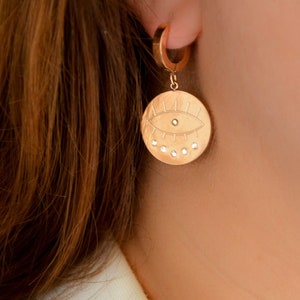 Evil Eye Hoop Earrings, Disc Earrings, Dainty Hoops, Round Charm Drop Earrings, Cz Huggie Hoops, Greek Evil Eye Earrings, Protection Gift
