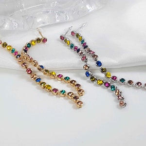 Rainbow Tennis Chain, Thread Earrings, Dainty Earrings, Tennis Chain Earrings, Bar Line Earrings, Bezel Cz Studs, Colorful Drop Earrings