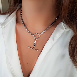 Toggle Chain Choker, Circle Necklace, Front Clasp Chain, Wide Chain, Layered Chain, Rectangle Chain, Silver Gold Filled Choker, Gift For Her