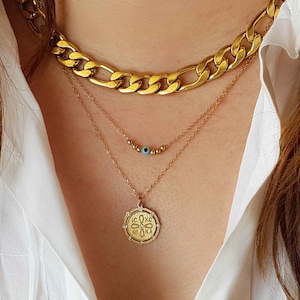 Disc Chain Necklace, Tiny Evil Eye Necklace, Double Chain Necklace, Byzantine Pendant, Cz Constantine Pendant, Greek IC XC NIKA Pendant