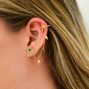 Bee and Flower Clip Earrings, Chain Climber Earrings, Mismatched Stud Earrings, Emerald Cz Earrings, Christmas Gifts For Her, Daisy Earrings