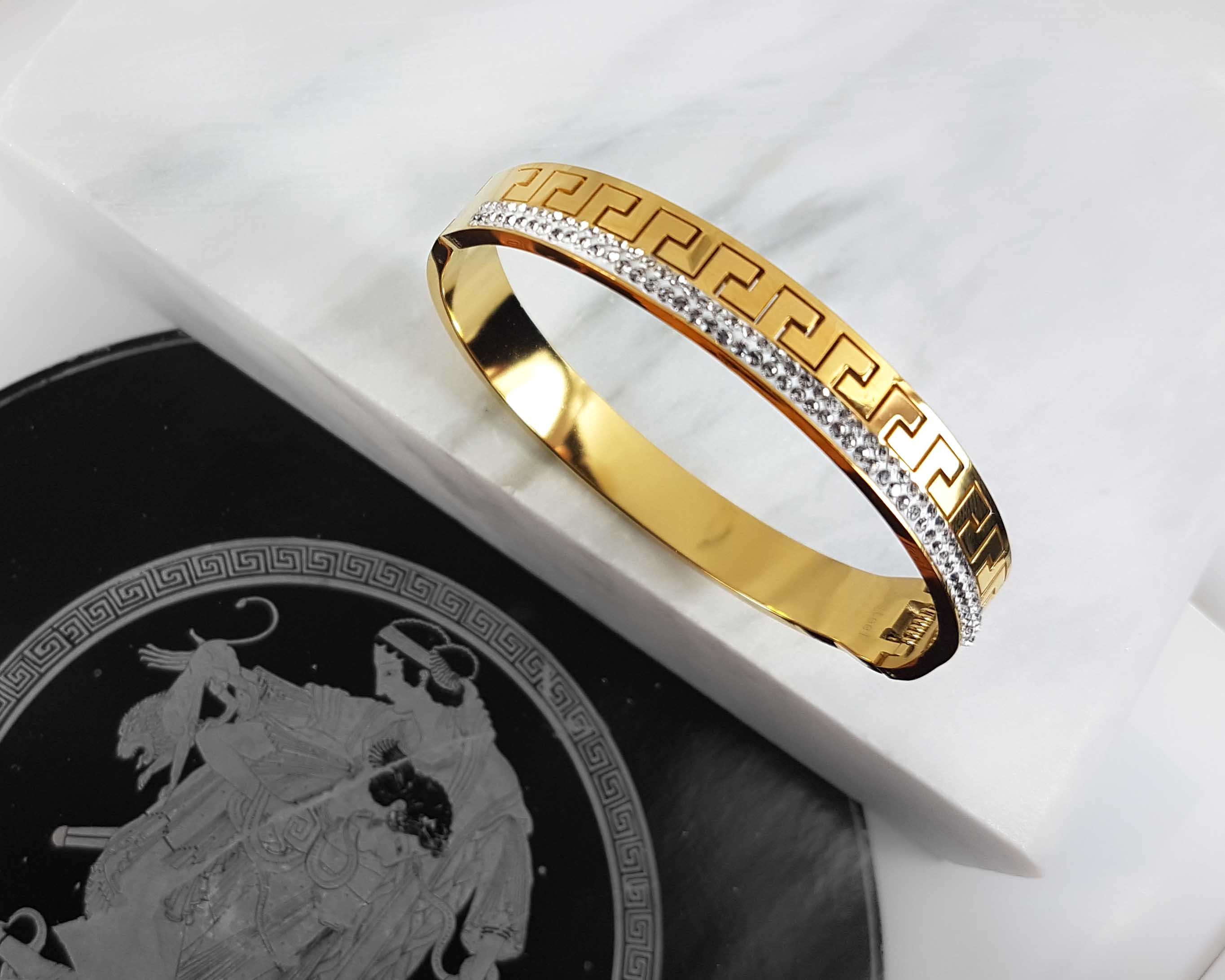 Greek Design Bangle Bracelet, Meander Pattern Bracelet, Gold Wide ...