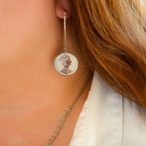Silver Drop Earrings, Queen Elizabeth Jewelry, Coin Earrings, Huggie Hoop Earrings, Gift For Her, WATERPROOF Earrings, Crown Dangle Earrings