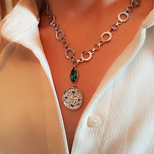 IC XC NIKA Byzantine Pendant, Dainty Silver Chain Necklace, Emerald Cz Irregular Charm, Vintage Style Constantine Coin, Greek Christian Gift