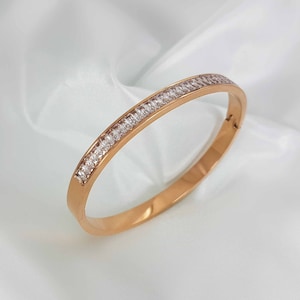 Zircon Bangle Bracelet, Dainty Sparkly Cz Bangle, Baguette Cz Diamond Stones, Waterproof, Tarnish Free Jewelry, Elegant Gift For Her