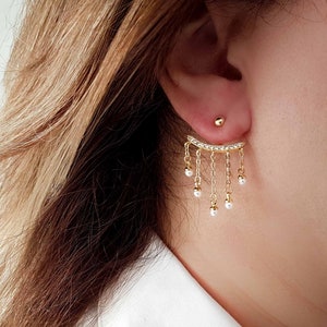 Boucles d'oreilles pendantes avec perle, Boucles d'oreilles barre, Boucles d'oreilles diamant Cz, Boucles d'oreilles en or sur veste, Boucles d'oreilles pendantes devant et dos, Clous d'oreilles en cristal, Cadeau pour elle