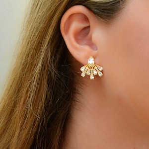 Fan Earrings, Crystal Drop Earrings, Black White Cz Zircon Earrings, Gold Diamond Studs, Triangle Earrings, Pear Cut Stones, Gift For Her