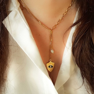 Greek Evil Eye Necklace, Greek Shield Charm, Pearl Y Lariat Necklace, Asymmetric Gold Pendant, Silver Chain, Double Curb Chain, Gift For Her