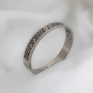 Wide Stainless Steel Greek Key Bangle: CZ Meander Cuff Bracelet