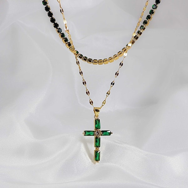 Emerald Cz Necklace, Dainty Cross Pendant, Emerald Tennis Chain Choker, Cz Zircon Necklace, Greek Christian Jewelry, WATERPROOF Necklace