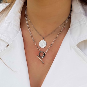 Silver Byzantine Pendant, Greek Coin Necklace, Cz Circle Necklace, Front Clasp Wide Chain, Constantine Necklace, Greek Jewelry, Gift For Her