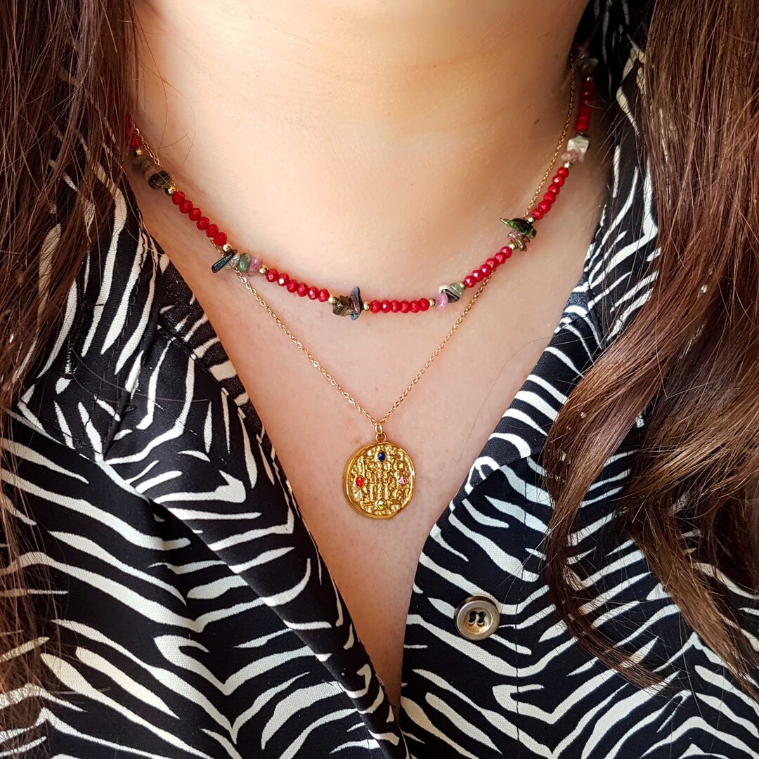 Crystal Chain Choker, Greek Byzantine IC XC Necklace, Double Gold 