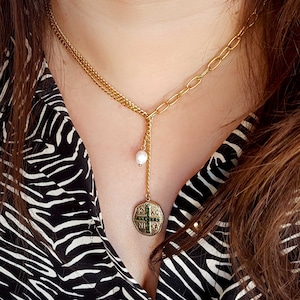 Byzantine Y Lariat Necklace: Emerald Coin, Pearl, Gold Filled
